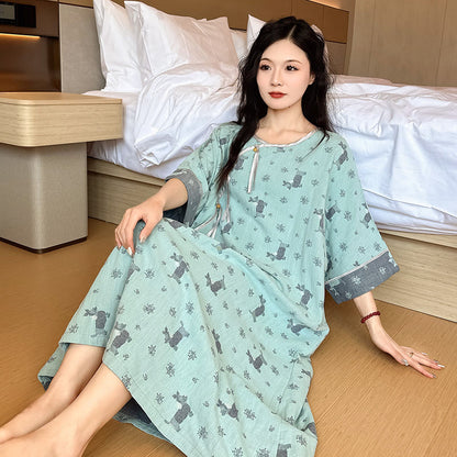 Plus Size Double Layer Cotton Nightgown  - Green - 5XL - image 0