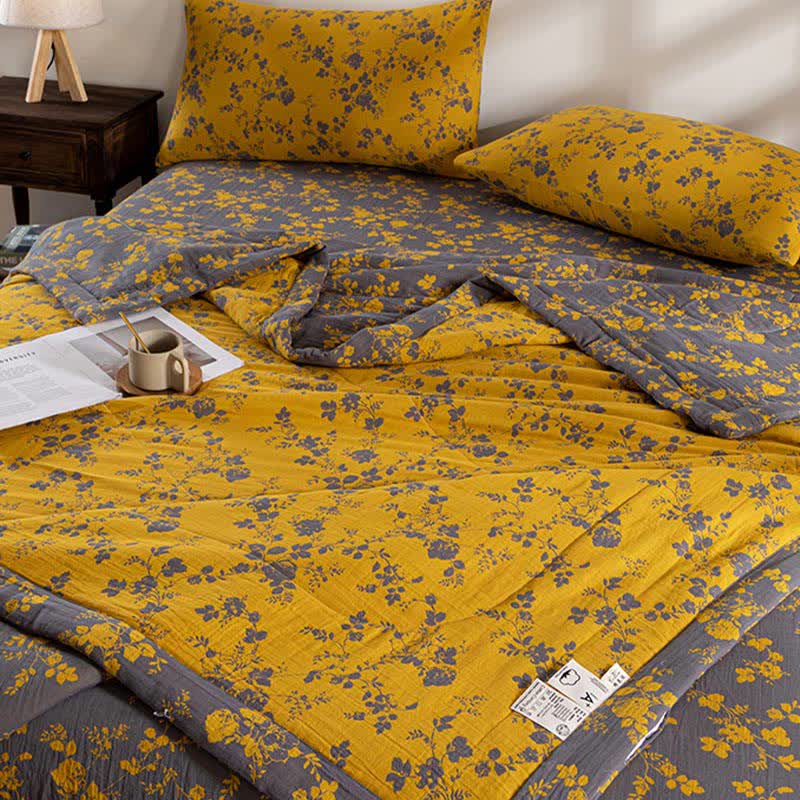 Yellow Floral Double-layer Cotton Summer Quilt