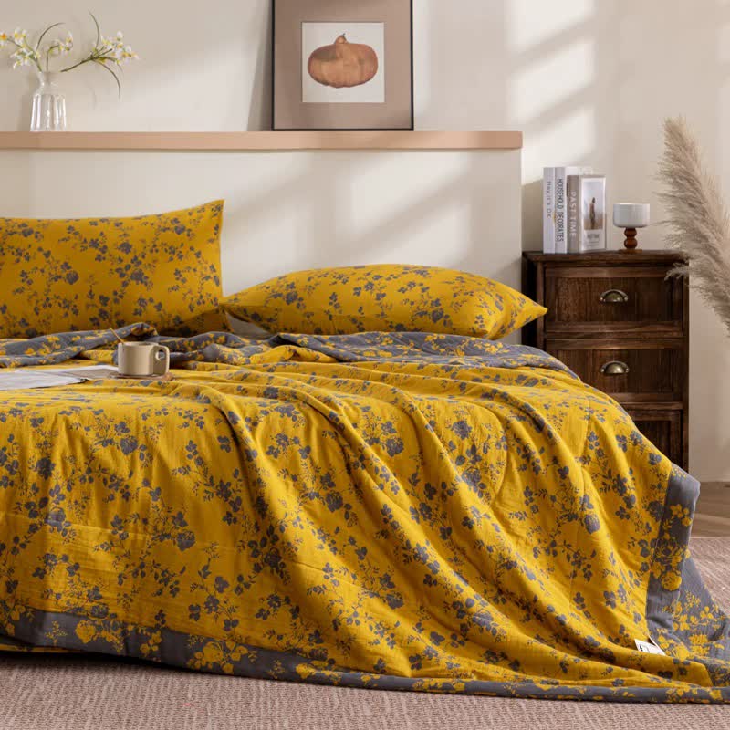 Yellow Floral Double-layer Cotton Summer Quilt