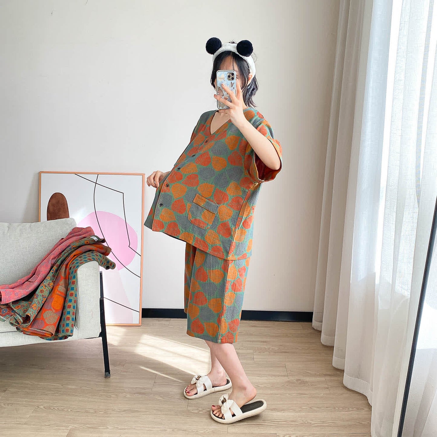Plus Size Vintage Jacquard Short Sleeve Loungewear Set