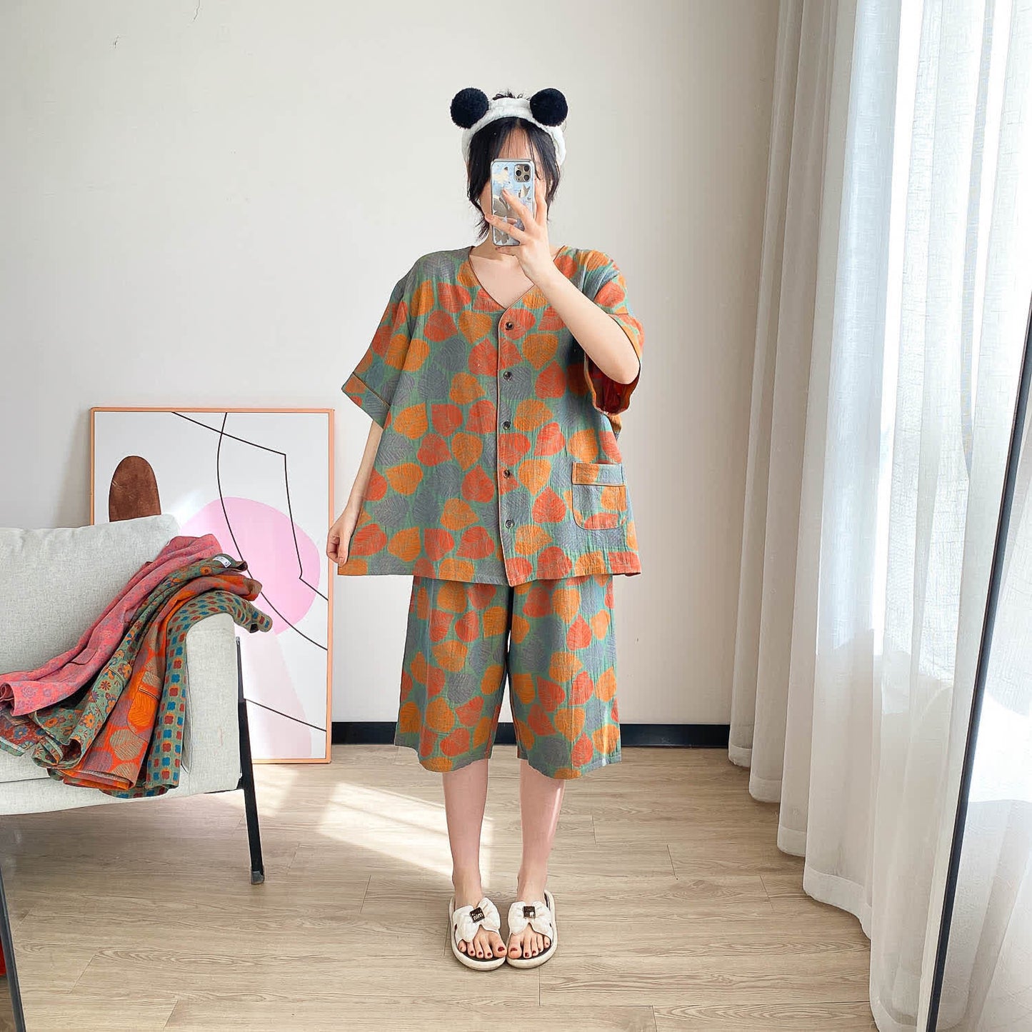 Plus Size Vintage Jacquard Short Sleeve Loungewear Set