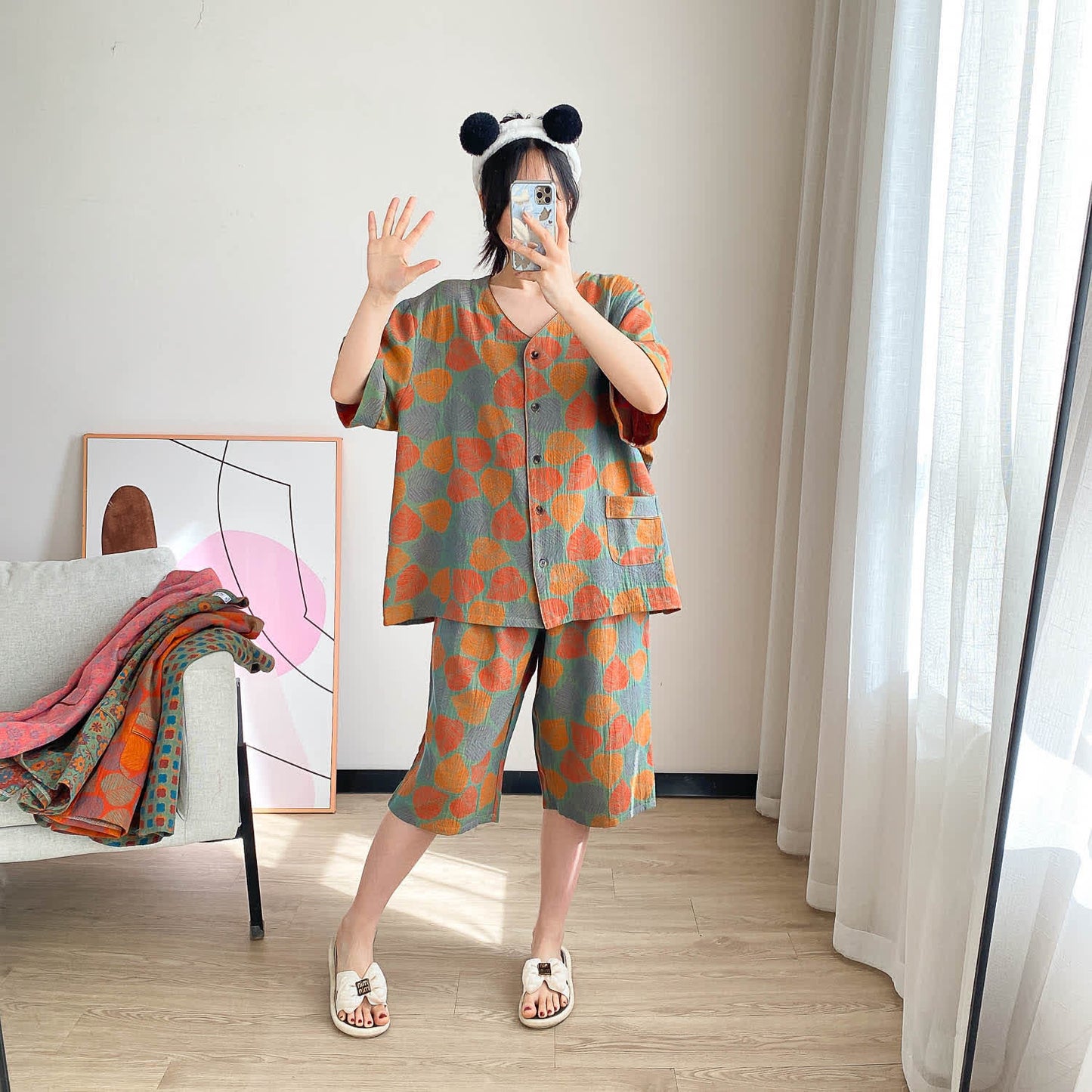 Plus Size Vintage Jacquard Short Sleeve Loungewear Set