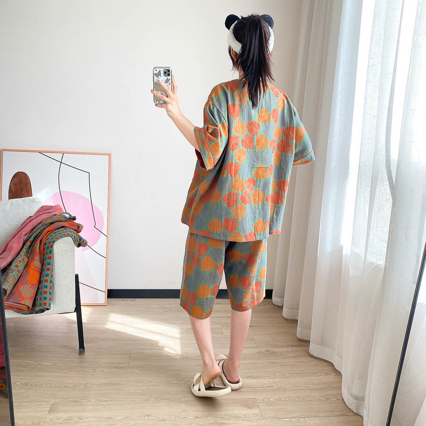 Plus Size Vintage Jacquard Short Sleeve Loungewear Set