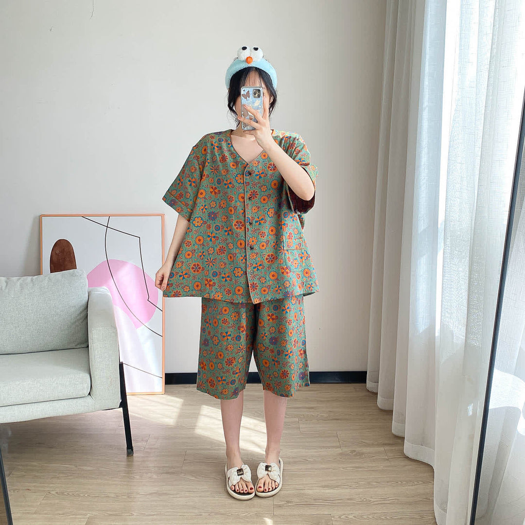 Plus Size Vintage Jacquard Floral Loungewear Set