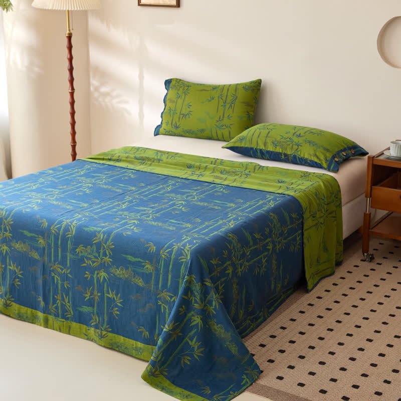 Bamboo Print Cotton Gauze Yarn-dyed Reversible Coverlet - Blue - 2PCS Pillowcases - 19" x 29" - image 1