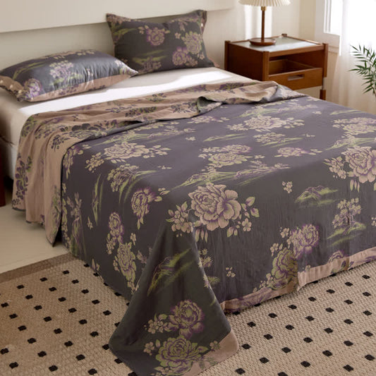 Luxurious Floral Cotton Gauze Yarn-dyed Reversible Coverlet