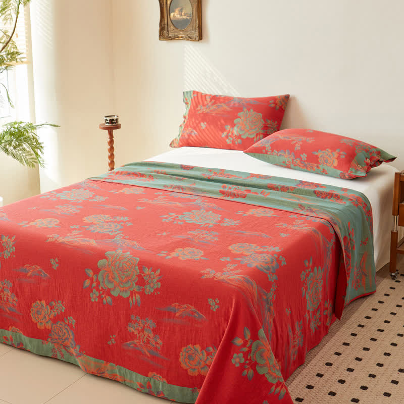 Peony Cotton Gauze Yarn-dyed Jacquard Reversible Coverlet