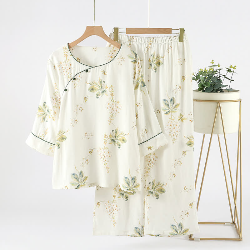 Bamboo Fiber Floral Round-neck Pajama Set