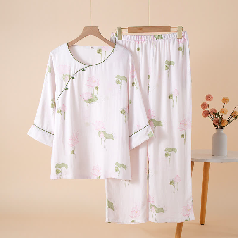 Round-neck Bamboo Fiber Lotus Pajama Set