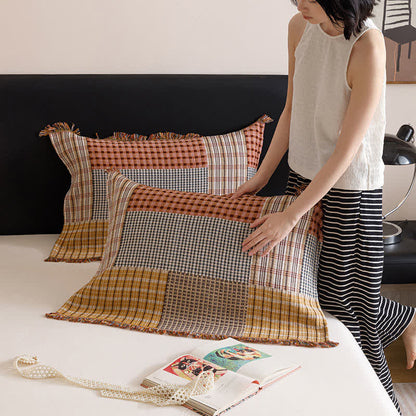 Plaid Print Four-layer Cotton Gauze Tassel Quilt