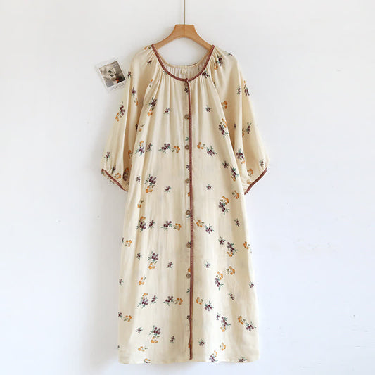Long Sleeve Loquat Print Cotton Breathable Nightdress