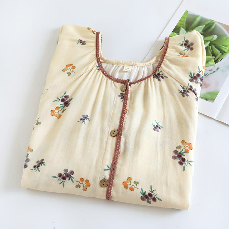 Long Sleeve Loquat Print Cotton Breathable Nightdress