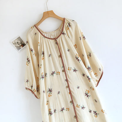 Long Sleeve Loquat Print Cotton Breathable Nightdress
