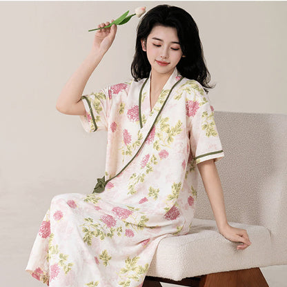 Country Style Floral Short Sleeve Padded Nightdress with Pocket
