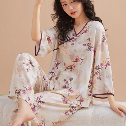 Peach Blossom Knotted  Buttons Loungewear Set