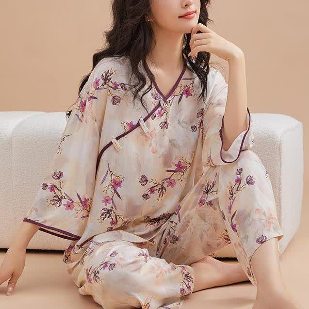 Peach Blossom Knotted  Buttons Loungewear Set