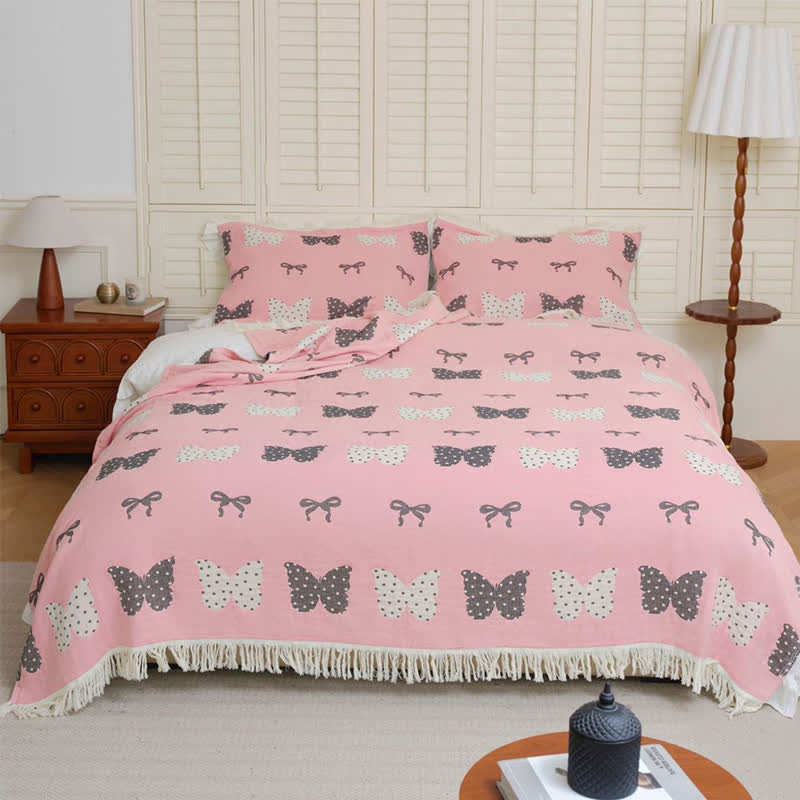 Butterfly Bowknot Pure Cotton Gauze Soft Tassel Quilt
