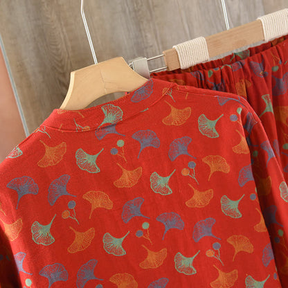 Ginkgo Leaf Cotton Jacquard Vintage Yarn-dyed Pajama Set