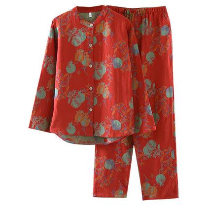 Pomegranate Flower Cotton Jacquard Vintage Yarn-dyed Pajama Set
