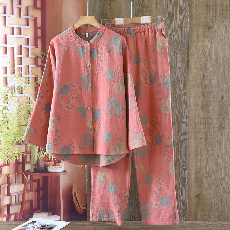 Pomegranate Flower Cotton Jacquard Vintage Yarn-dyed Pajama Set - image 3