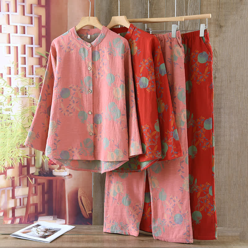 Pomegranate Flower Cotton Jacquard Vintage Yarn-dyed Pajama Set - image 0