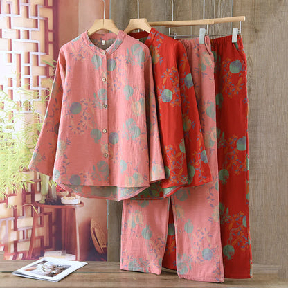 Pomegranate Flower Cotton Jacquard Vintage Yarn-dyed Pajama Set - image 0