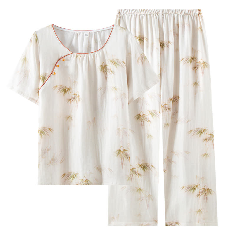 Vintage Bamboo Print Cotton Gauze Beaded Button Loungewear Set