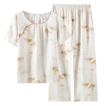 Vintage Bamboo Print Cotton Gauze Beaded Button Loungewear Set