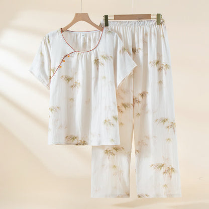 Vintage Bamboo Print Cotton Gauze Beaded Button Loungewear Set