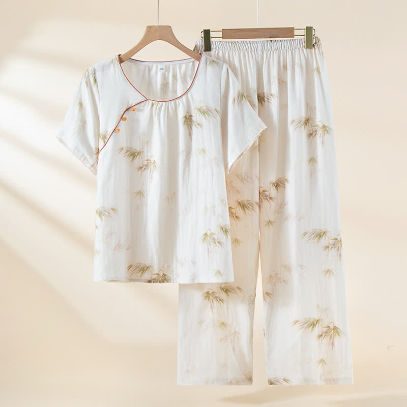 Vintage Bamboo Print Cotton Gauze Beaded Button Loungewear Set - XXL - image 0