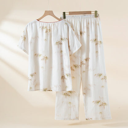 Vintage Bamboo Print Cotton Gauze Beaded Button Loungewear Set