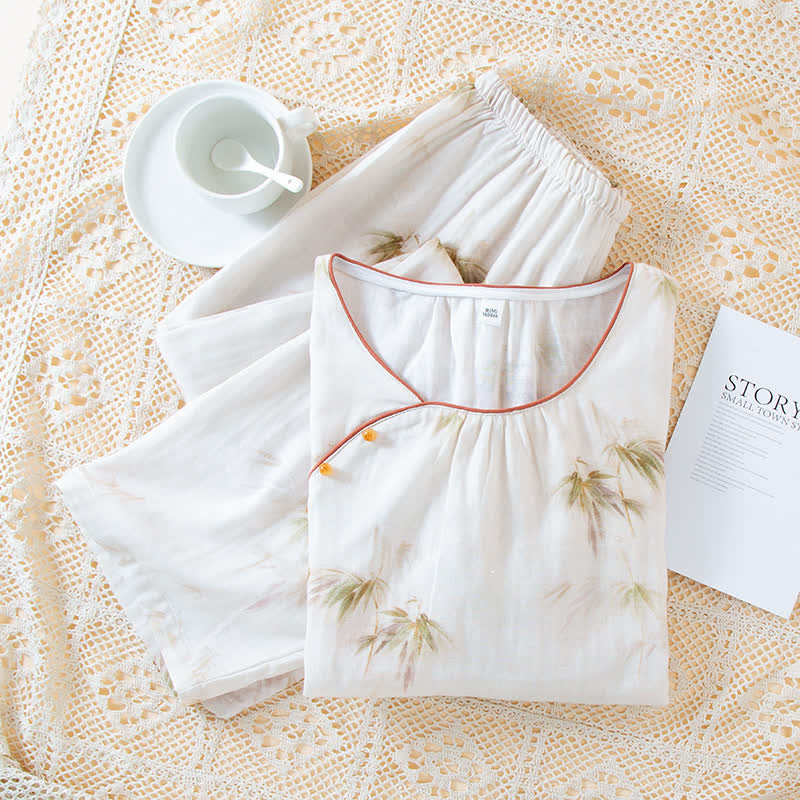 Vintage Bamboo Print Cotton Gauze Beaded Button Loungewear Set