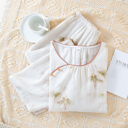 Vintage Bamboo Print Cotton Gauze Beaded Button Loungewear Set