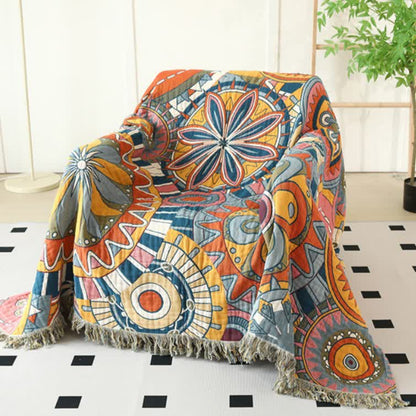 Artistic Floral Cotton Gauze Tassel Reversible Blanket