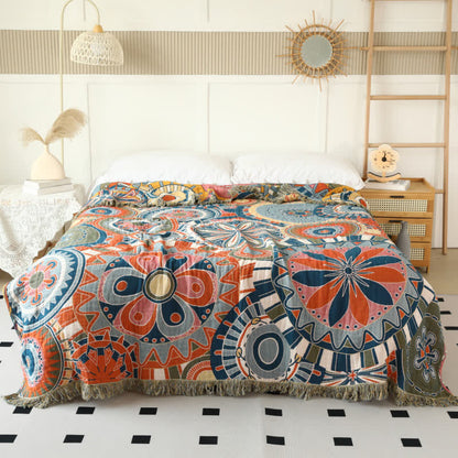 Artistic Floral Cotton Gauze Tassel Reversible Blanket