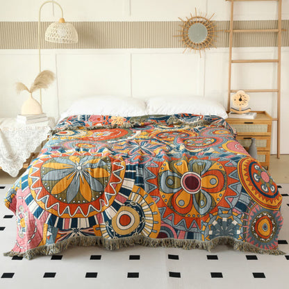 Artistic Floral Cotton Gauze Tassel Reversible Blanket