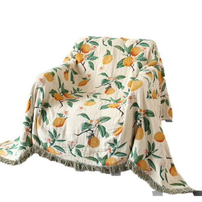 Lemon Print Cotton Gauze Tassel Reversible Blanket