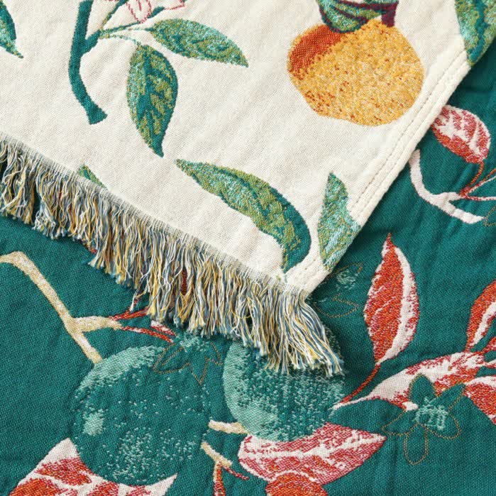 Lemon Print Cotton Gauze Tassel Reversible Blanket