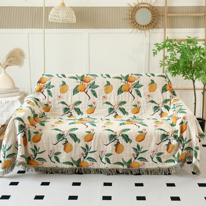 Lemon Print Cotton Gauze Tassel Reversible Quilt
