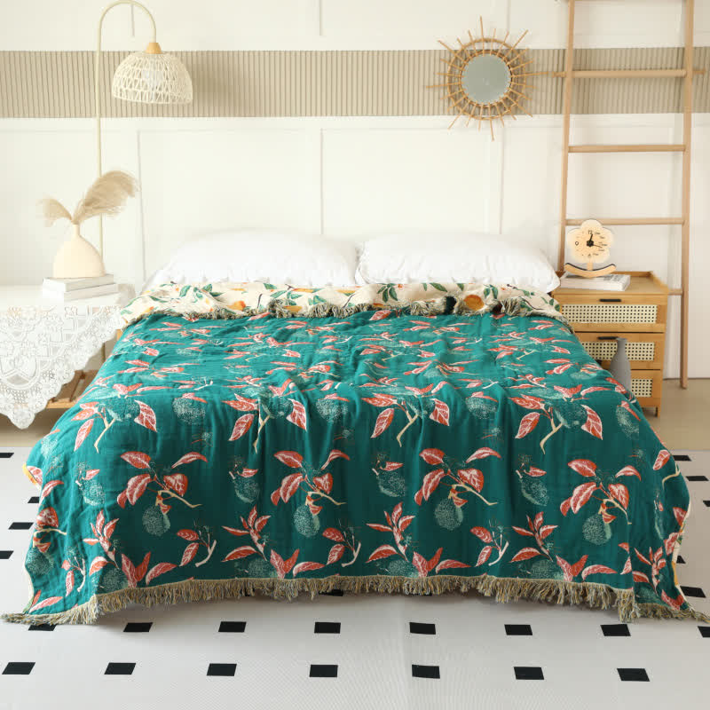 Lemon Print Cotton Gauze Tassel Reversible Blanket