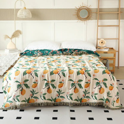 Lemon Print Cotton Gauze Tassel Reversible Blanket