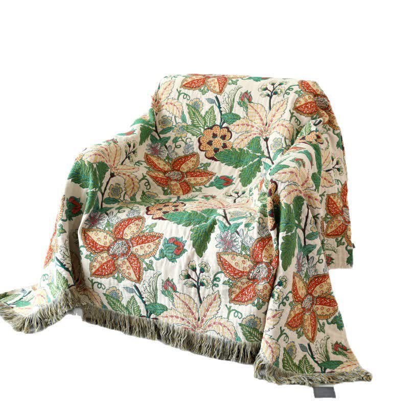 Floral Leaf Cotton Gauze Tassel Reversible Blanket