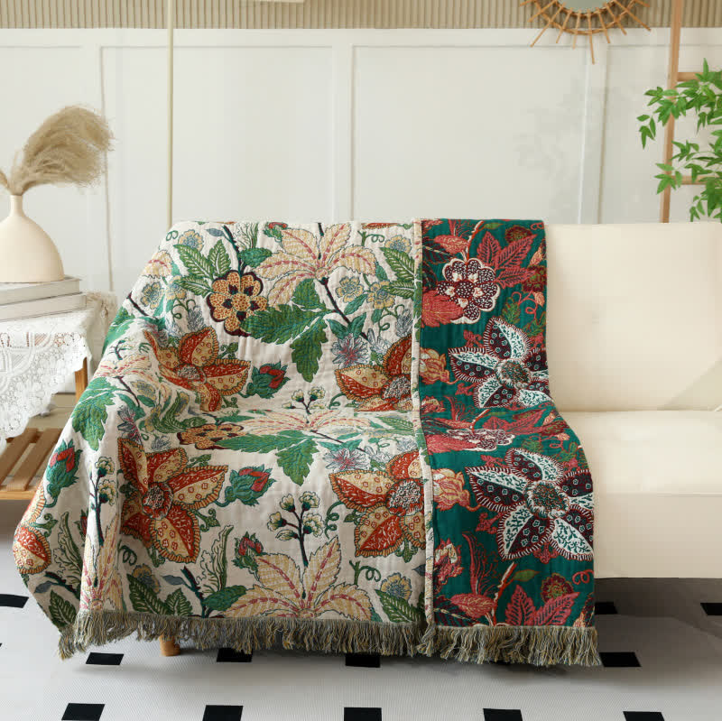 Floral Leaf Cotton Gauze Tassel Reversible Quilt