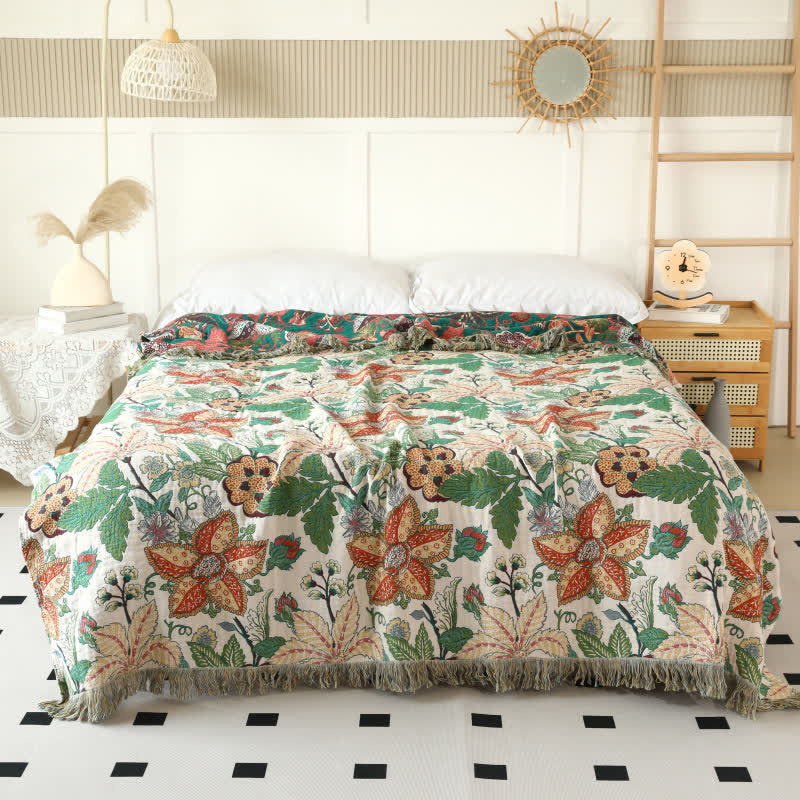 Floral Leaf Cotton Gauze Tassel Reversible Quilt