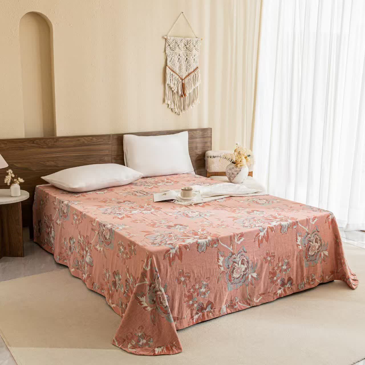 Reversible Floral Cotton Gauze Button Bedding Set (4PCS)