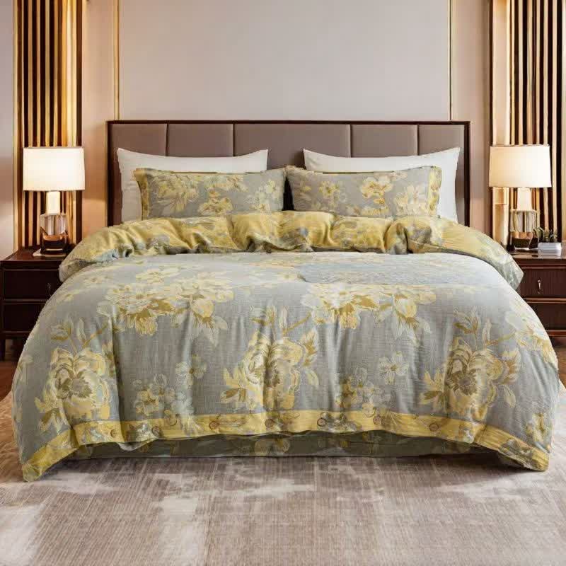 Reversible Floral Cotton Gauze Button Bedding Set (4PCS)
