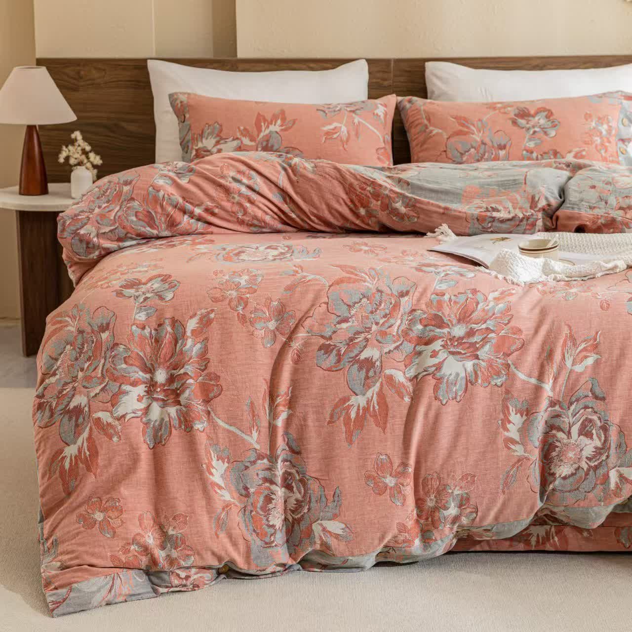 Reversible Floral Cotton Gauze Button Bedding Set (4PCS)