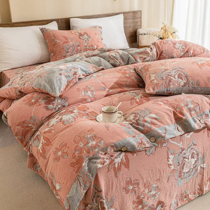 Reversible Floral Cotton Gauze Button Bedding Set (4PCS)