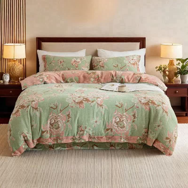 Reversible Floral Cotton Gauze Button Bedding Set (4PCS)