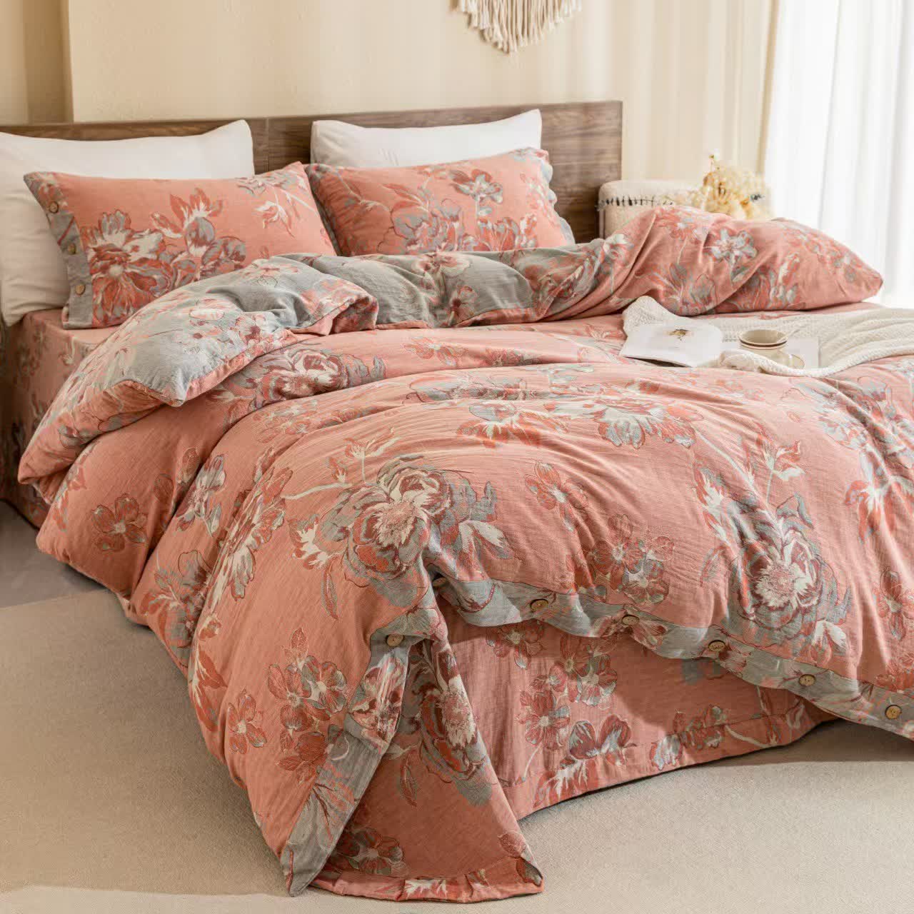 Reversible Floral Cotton Gauze Button Bedding Set (4PCS) - image 7